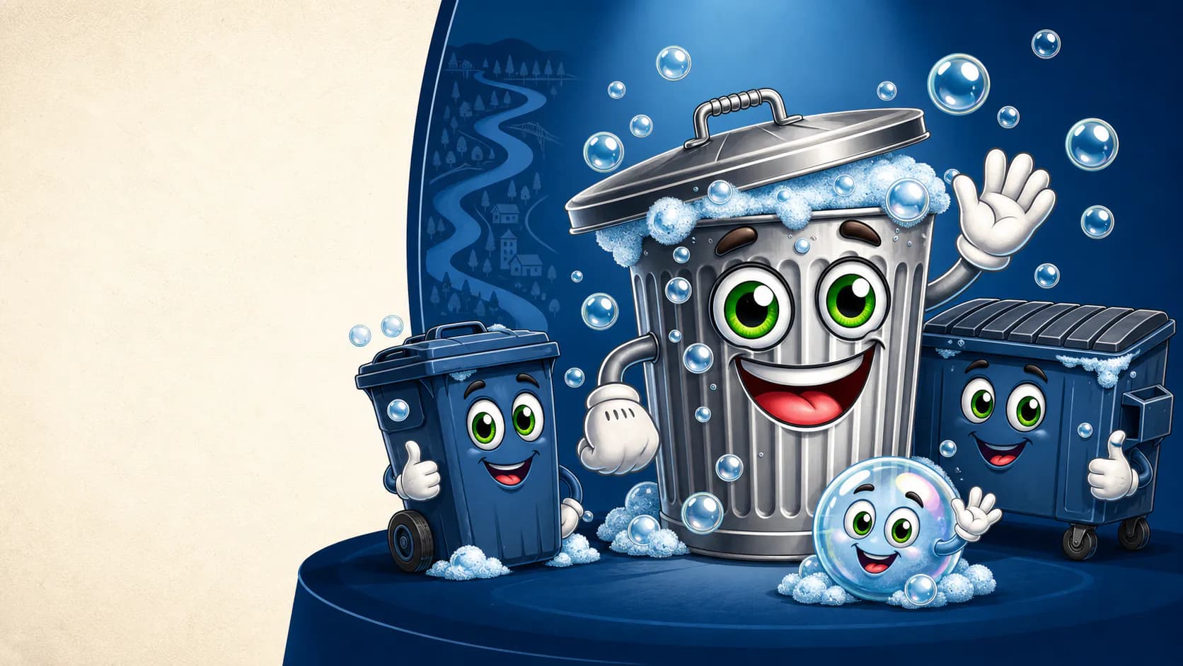 A friendly Scrubblies illustration celebrating cleaner bin days