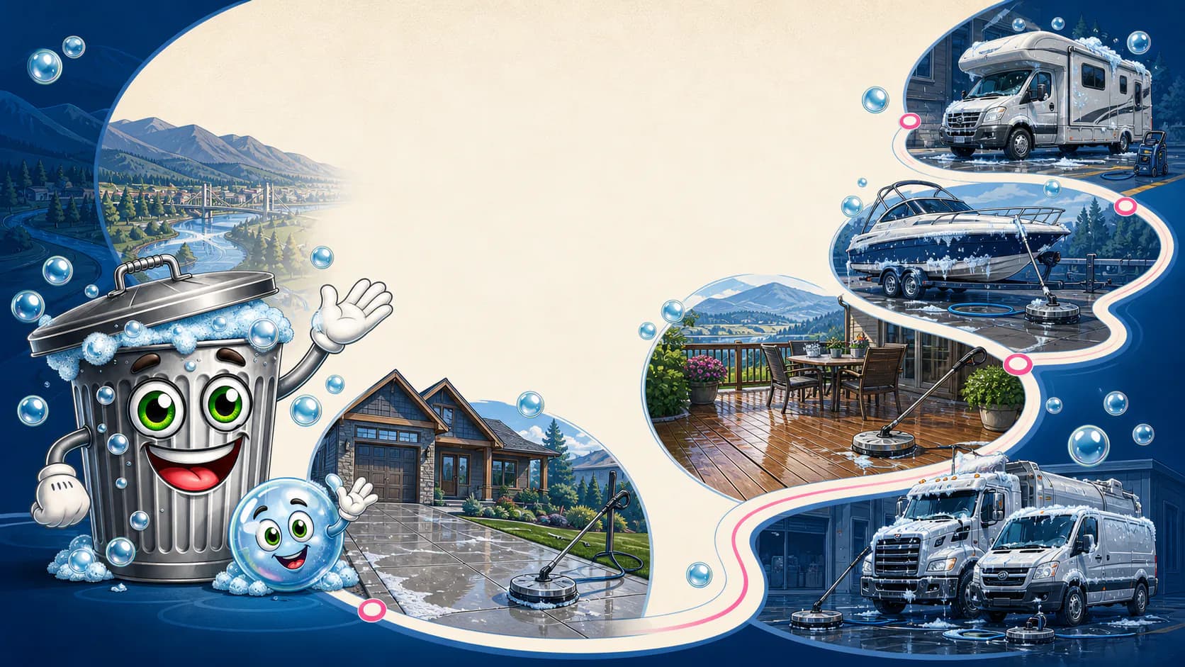 A Scrubblies illustration featuring driveway, deck, boat, RV and commercial vehicle cleaning