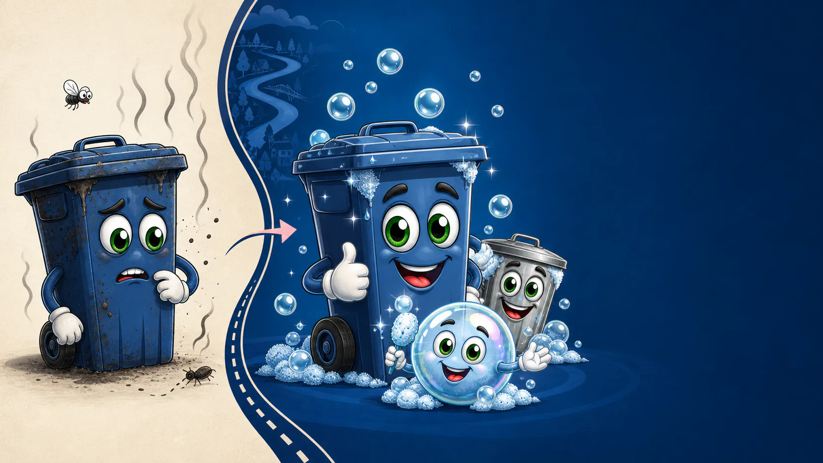 A friendly illustration showing a bin before and after a professional clean
